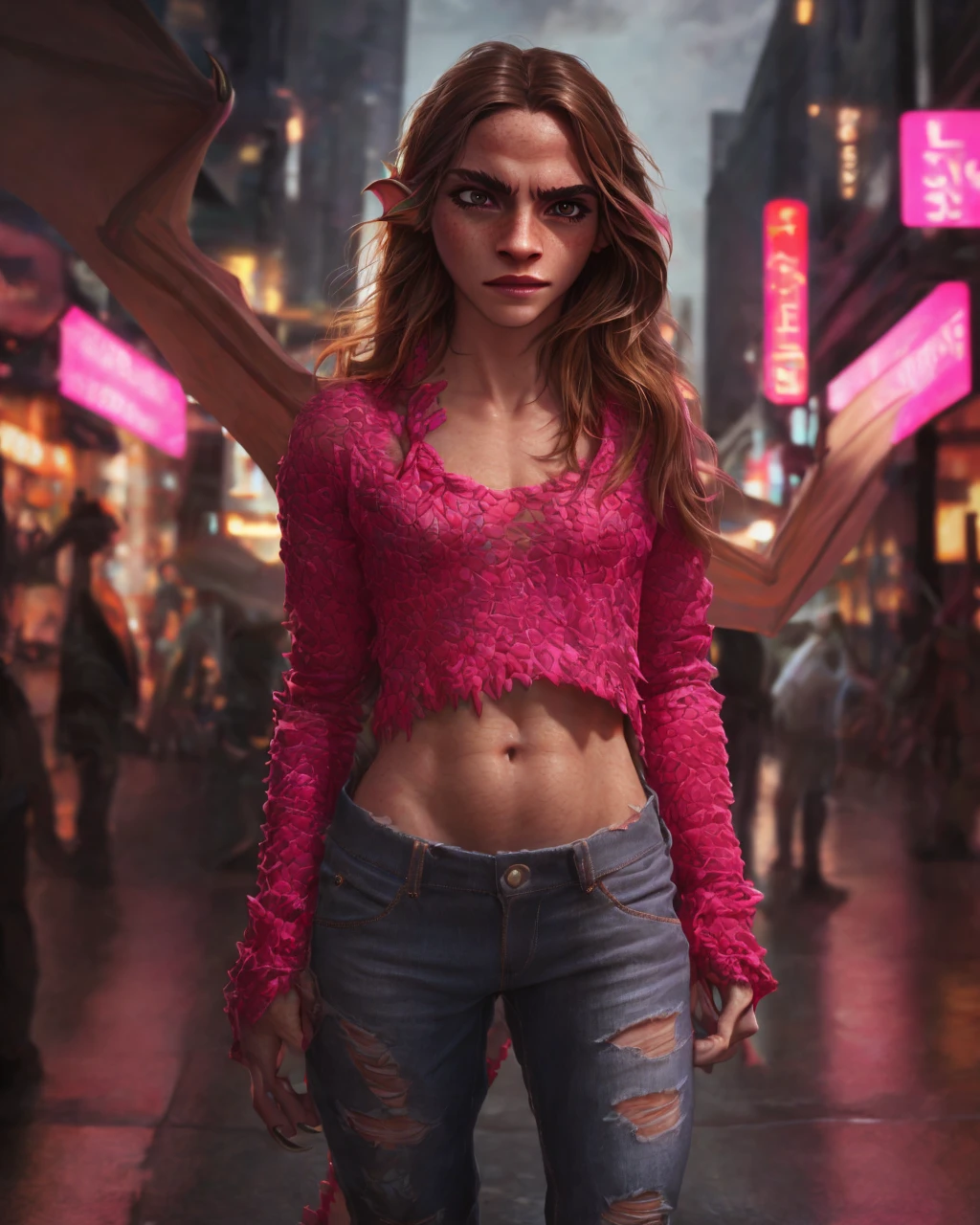 1girl, ewt, Emma watson, beautiful detailed eyes, beautiful detailed lips, extremely detailed eyes and face, long brown hair, pink t-shirt, jeans, standing on a street corner, award winning, intricate details, photorealistic, cinematic lighting, volumetric lighting, depth of field, beautiful face, striking pose, dynamic composition, vivid colors, warm tones, transformation into a dragon