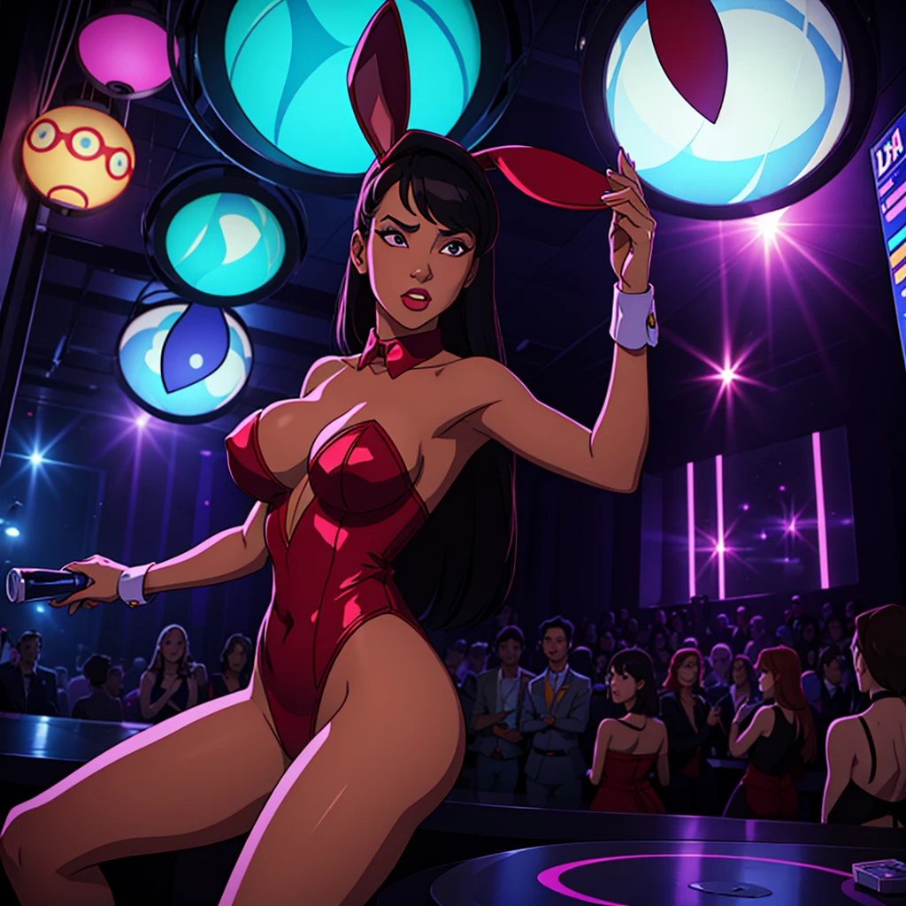 1970s nightclub, beautiful multiracial women wearing "Playboy Bunny" outfits while drinking and dancing, liquor, strobe lights, neon lights, disco ball, cinematic action, masterpiece, super detail, textured skin, atmospheric perspective,