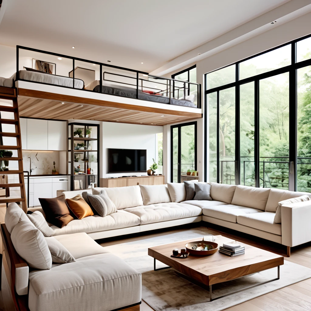 Design a modern and spacious loft with an open-plan layout. The loft features a sleek white living room with a large sectional sofa, a minimalist entertainment center, and a cozy rug. The kitchen area includes a wooden island with white bar stools and modern appliances. An upper mezzanine level houses a bedroom with a comfortable bed, a reading nook, and built-in wardrobes. The space is bright and airy, with large windows allowing natural light to flood in. The overall design is elegant and contemporary, with clean lines and a neutral color palette