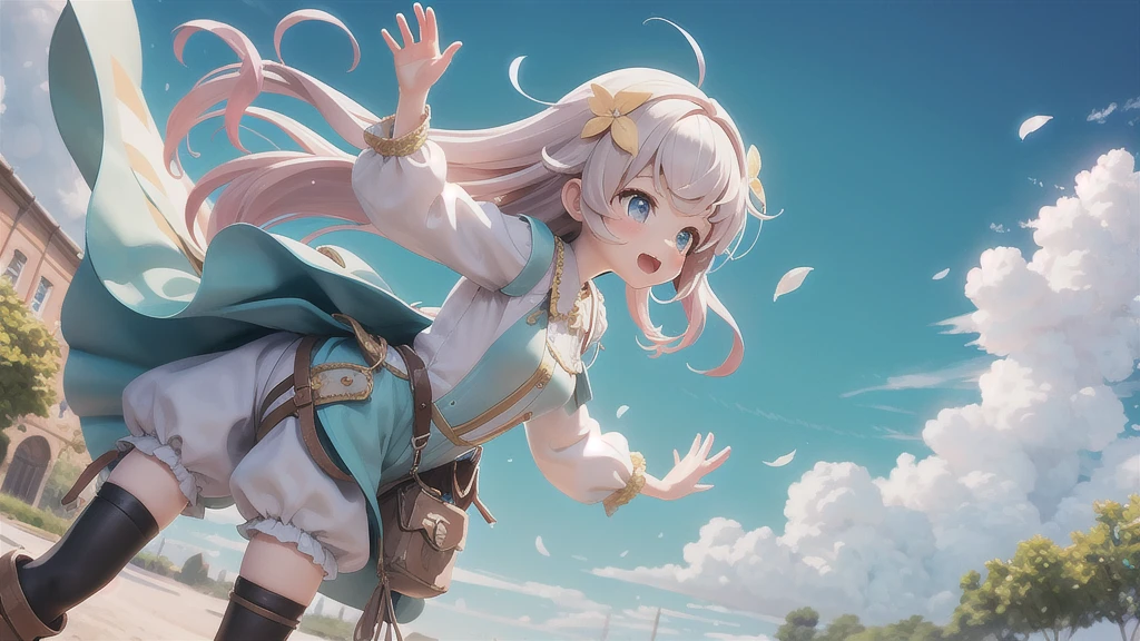 Girl 、Medieval dress with panniers、Fabric Realism、Low - Angle、Wearing bloomers、I can see the drawers、Pull up the hem of your dress with your hands、Strong winds、blue sky