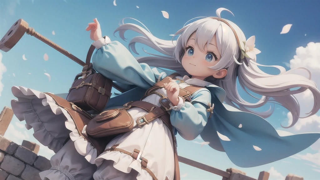 Girl 、Medieval dress with panniers、Fabric Realism、Low - Angle、Wearing bloomers、I can see the drawers、Pull up the hem of your dress with your hands、Strong winds、blue sky