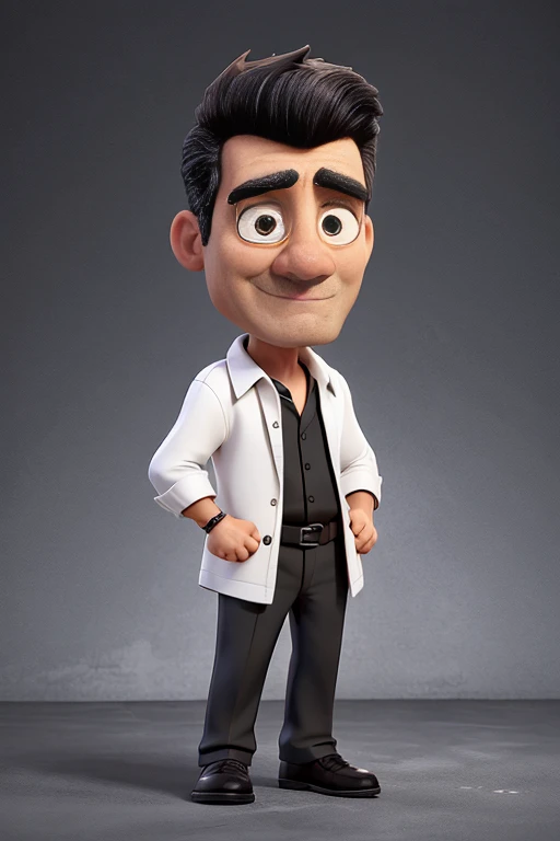 A mature man has a raised fist and is dressed in a black and white shirt, in Tom&#39;s comic book style, positioned in front of a caricature-style backdrop, characteristic of cartom. Tom is the main theme of the work, represented in a high quality caricature, not Disney Pixar style. The illustration is exceptional in terms of quality, showing very strong coherence with Harry Volk&#39;s clipart style, standing out for its cel-shaded techniques, with a cel shade