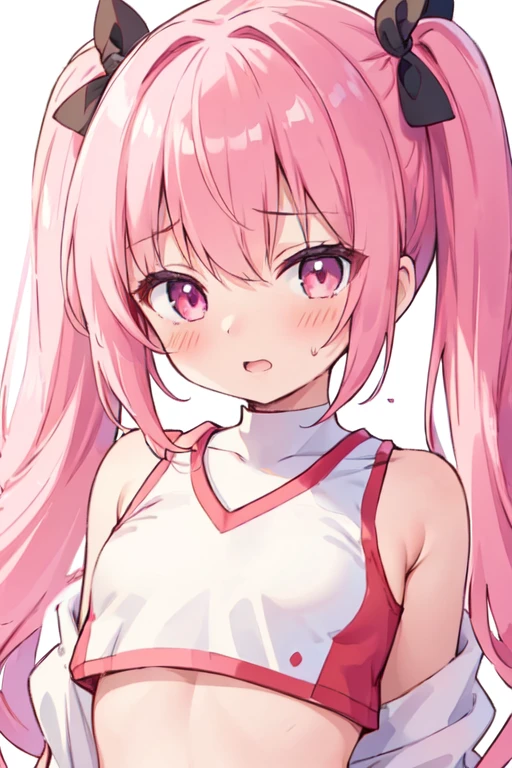 (best quality, masterpiece:1.2), ultra detailed, extremely detailed eyes and face, natural skin texture, detailed skin, natural lighting, chibi, 1 girl, 14-years-old, (cute), twin tails, pink hair, shiny hair, pink eyes, small breasts, BREAK cheerleader, white and red crop top, white and red sleeveless shirt, midriff, BREAK (orgasm face, aroused, blush:1.2), (steam), white background, upper body,