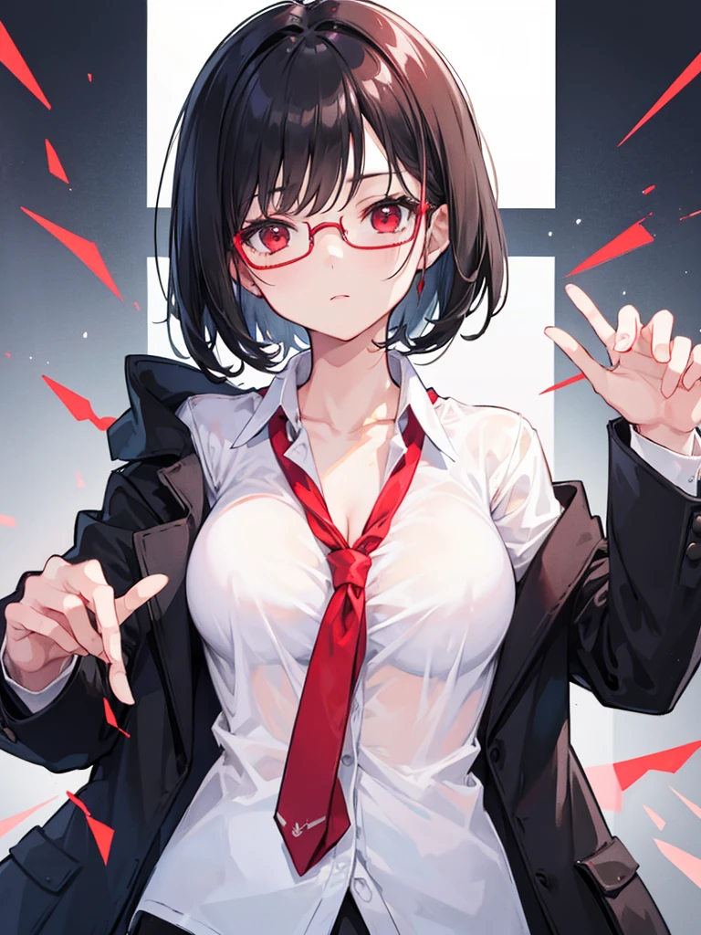 1girl,{white shirt},black hair,short hair,red eyes,wearing glasses,medium breast,red ties