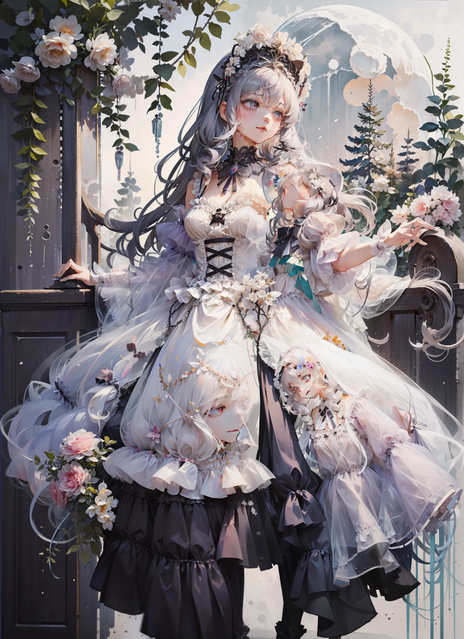 (Extremely delicate and beautiful:1.5),A Russian girl in her early 20s with ash grey hair, standing on your feet, solo, full body,Sweet face,Light smile,By bangs, Gemstone eyes, Contre-Jour,Long curly hair, Gothic-lolita dress, Keep one's mouth shut, seen from the side, lanterns, light particules, longer sleeves, looking at viewert,pink bows, The background is filled with seven colors, The face is dense((must)), Masterpiece