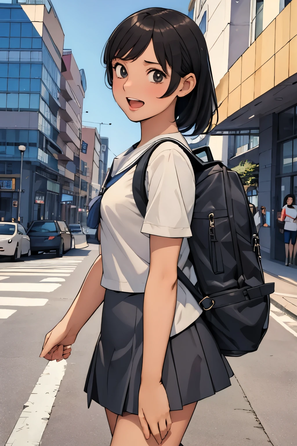 masterpiece, Highest quality, One High School Girl 10.0,Very detailed,Rin々Nice face,Open Mouth Smile,Black eyes,Legs visible through a short skirt,Natural Beauty,Cinematic,Medium chest,Walking in the downtown area,Carrying a backpack