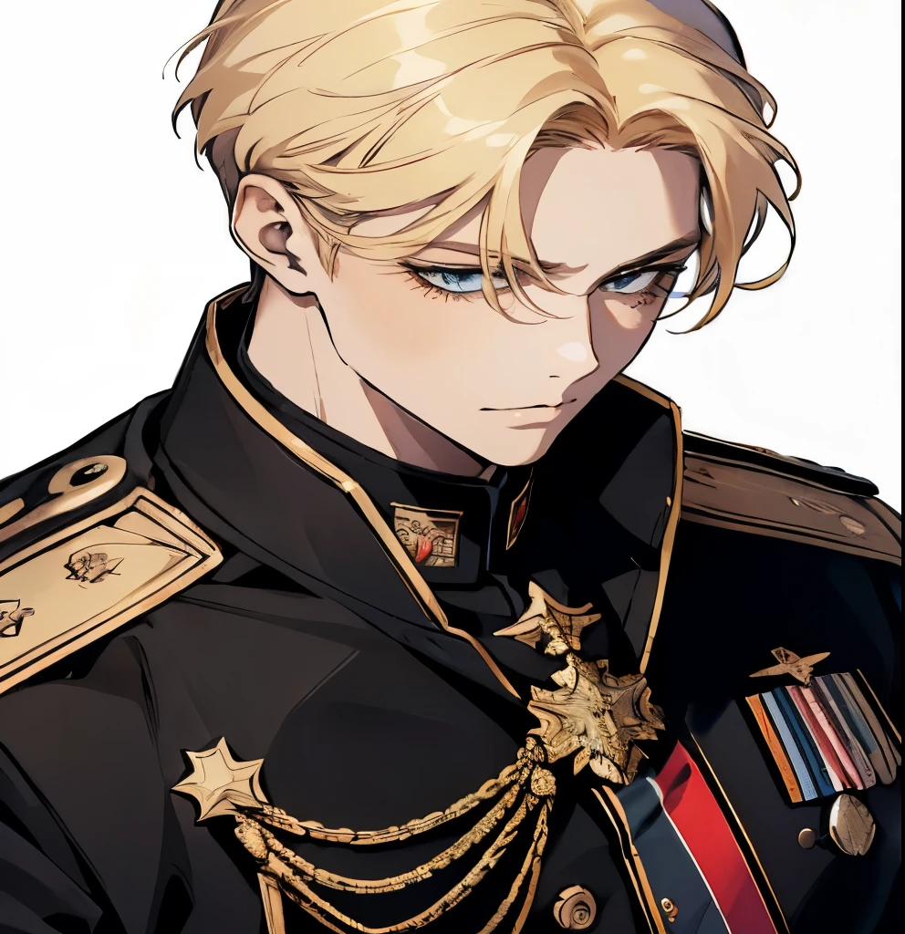 A German general, blonde with straight, short hair, black military clothing, cut scar on his mouth, cheek and neck, manhwa style