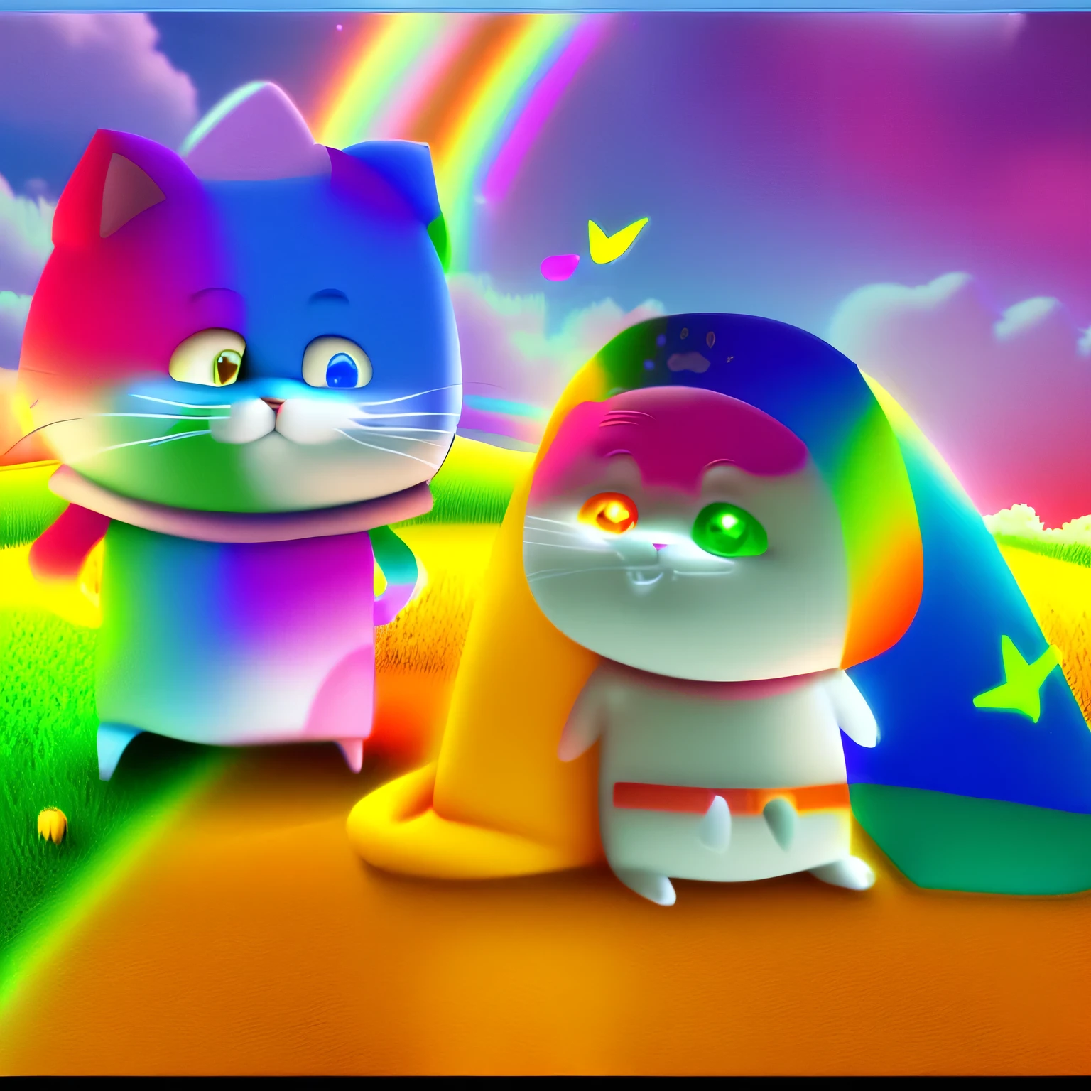cartoon of a cat and dog standing in a field with a rainbow, Animated, Hand-drawn animation, Animation stills, cartoon still, Hand-drawn animation, Cat summons spaceship, Meow, Animation Static, Animation stills screencap, A panel, Medium shot of two characters, Missing panels, ! Scenes, Comic Panel, Illustration of two cats, cartoon