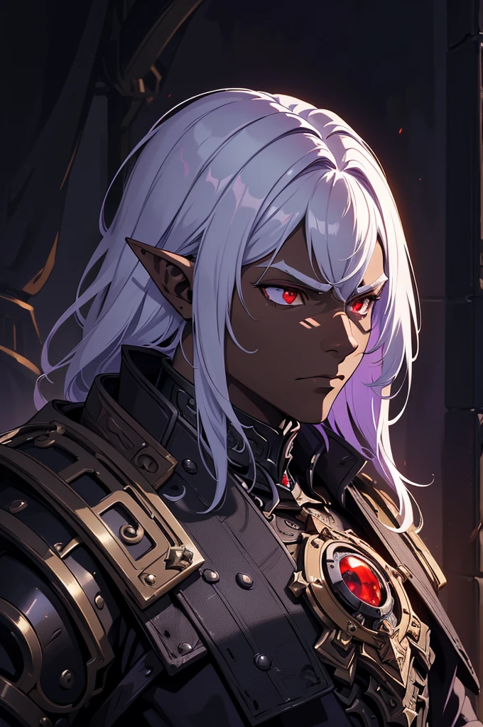 masterpiece, best quality, ultra high res, dark theme, 1boy, (dungeonpunk armor), (mechanical steampunk armor), (wearing armor), fantasy illustration, dark skinned, human, upper body, portrait, red eyes, long white hair, half-drow, pointy ears, serious face, young man, dramatic lighting, purple hue, art by Kinema Citrus