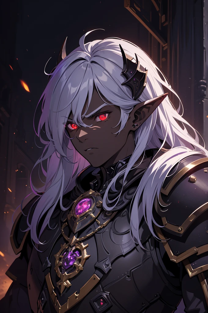 masterpiece, best quality, ultra high res, dark theme, 1boy, (dungeonpunk armor), (mechanical steampunk armor), (wearing armor), fantasy illustration, dark skinned, human, upper body, portrait, red eyes, long white hair, half-drow, pointy ears, serious face, young man, dramatic lighting, purple hue, art by Kinema Citrus