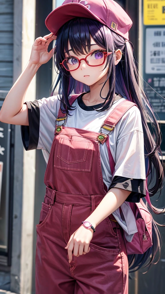 A 10 year old girl wearing glasses、Dye your hair purple、The glasses are thick and black.、Keep your bangs wide open、「ARARE」Wearing a pink cap with "、The feathers on the cap are white and there is one on each side.、Wearing a red T-shirt and overalls、The foldover of the T-shirt is yellow、