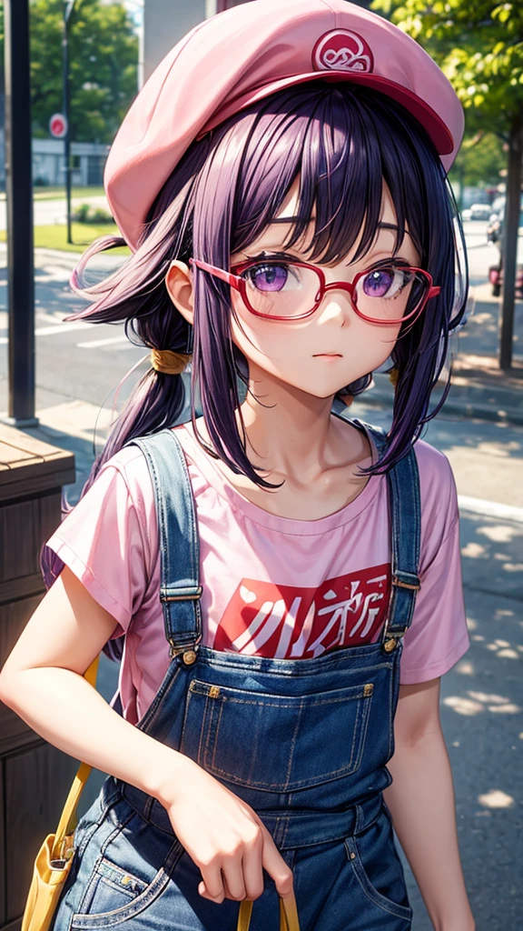 A 10 year old girl wearing glasses、Dye your hair purple、The glasses are thick and black.、Keep your bangs wide open、「ARARE」Wearing a pink cap with &quot;、The feathers on the cap are white and there is one on each side.、Wearing a red T-shirt and overalls、The foldover of the T-shirt is yellow、