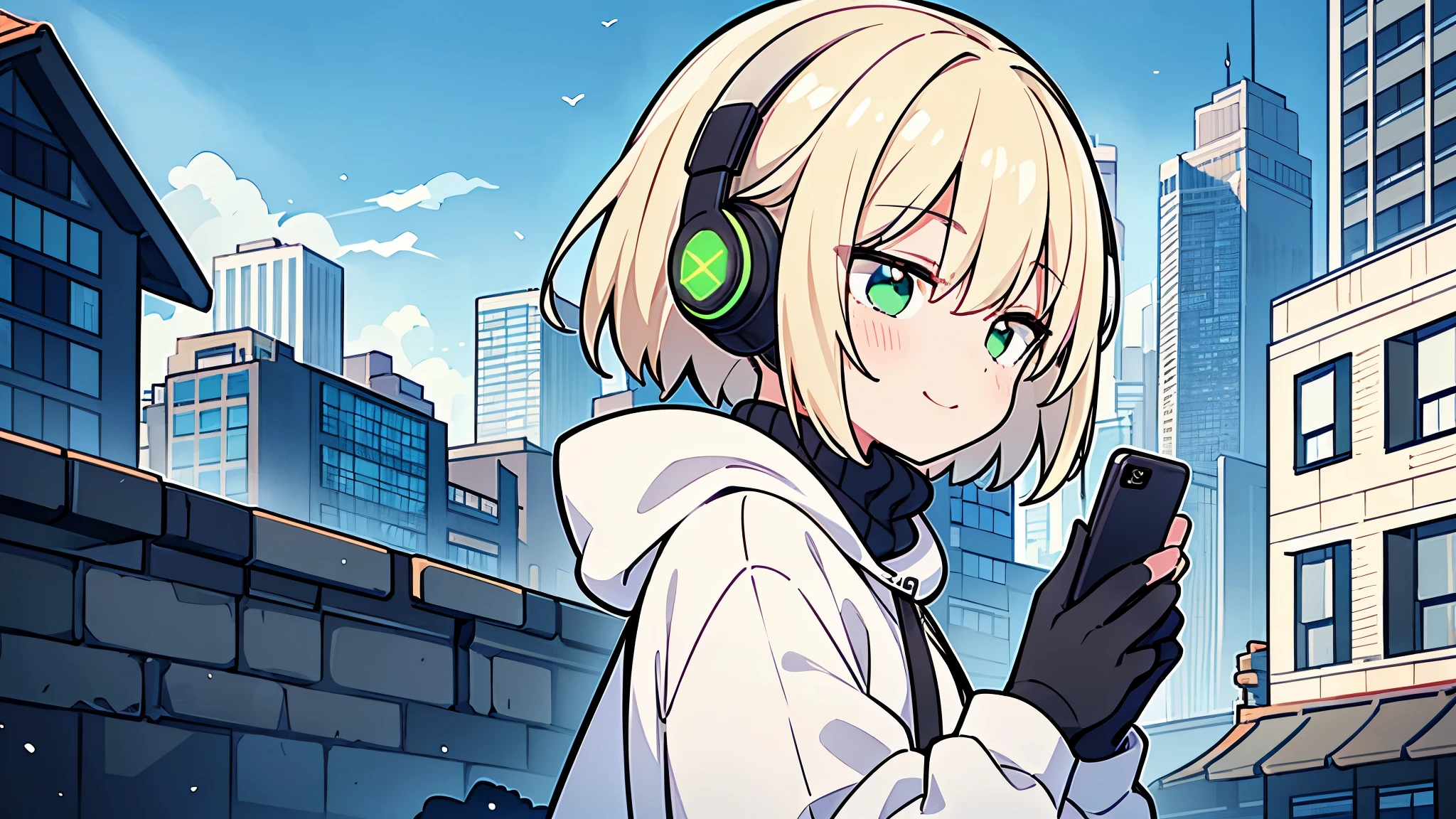 ((highest quality)), ((masterpiece)), (be familiar with), (Looking at a smartphone on the roof of a building)short hair、perfect face,white half-up hair,green mesh blonde、cool black hoodie,headphones,black gloves,turtleneck,alone,İcon、profile、Right beside、Expressionless、smile、Light-colored clothing