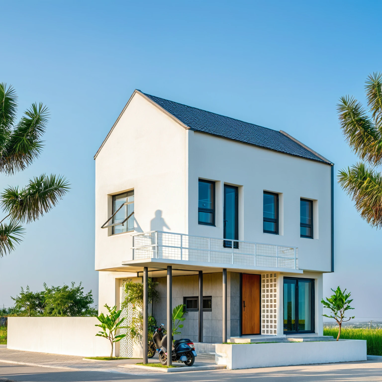 Raw photo,Masterpiece, high quality, best quality, authentic, super detail, exterior, outdoors, house, modern stytle, on the street,wind flower wall, glass windows, white wall,gate, metal railing road,pavement, grass, trees, blue sky, (daylight:1.1), ((realistic photo))