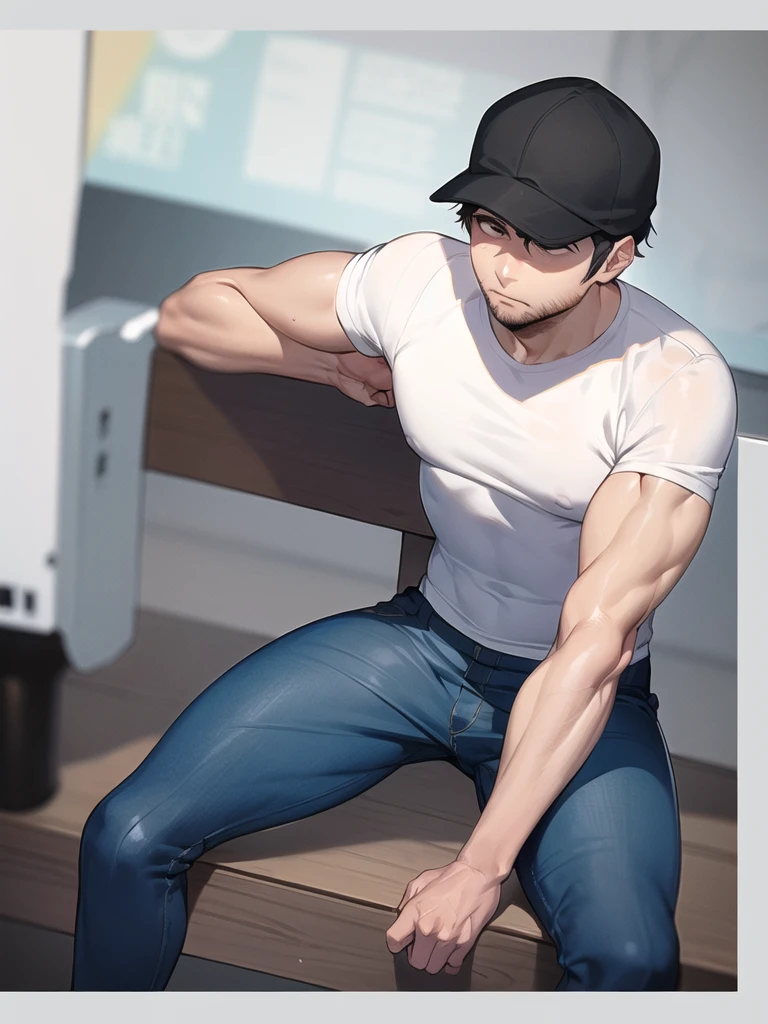 30-year-old man, tired eyes and dark circles, dark-skinned, loose clothing, gray shirt, blue pants, black hat, muscular, tired of life.