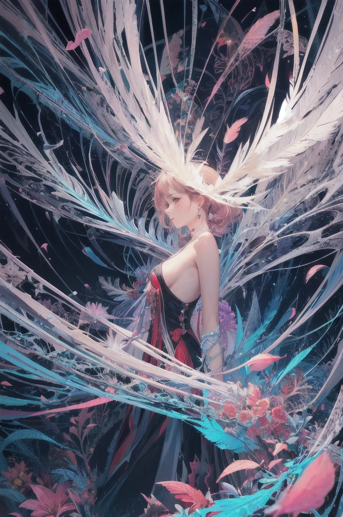 (One girl, alone, From the side), Very detailed, (Abstract background, Tangled, Fractal Art:1.3), (Many colors, colorful:1.1), (feather, petal, Flowers:1.3), Dynamic pose, Earrings