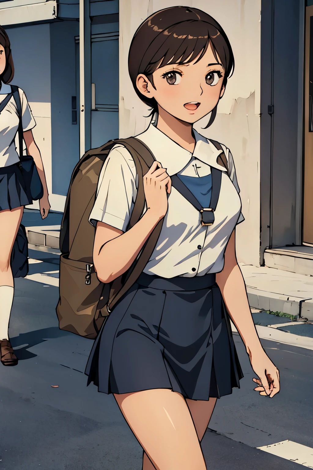 masterpiece, Highest quality, One High School Girl 10.0,Very detailed,Rin々Nice face,Open Mouth Smile,Black eyes,Legs visible through a short skirt,Natural Beauty,Cinematic,Medium chest,Walking in the downtown area,Carrying a backpack