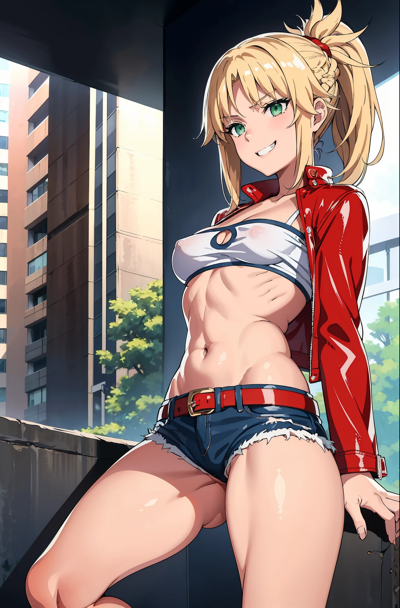 masterpiece, Highest quality, figure, City Street, One girl, Mordred \(destiny\), Cowboy Shot, clavicle, Detailed blonde hair ponytail braid, Green Eyes, Red leather jacket, White short blouse, Denim shorts,belly button,Up to the thighs,Grin, Covered_Pussy,skin,Beautiful legs,Beautiful Hands,Lift your legs,