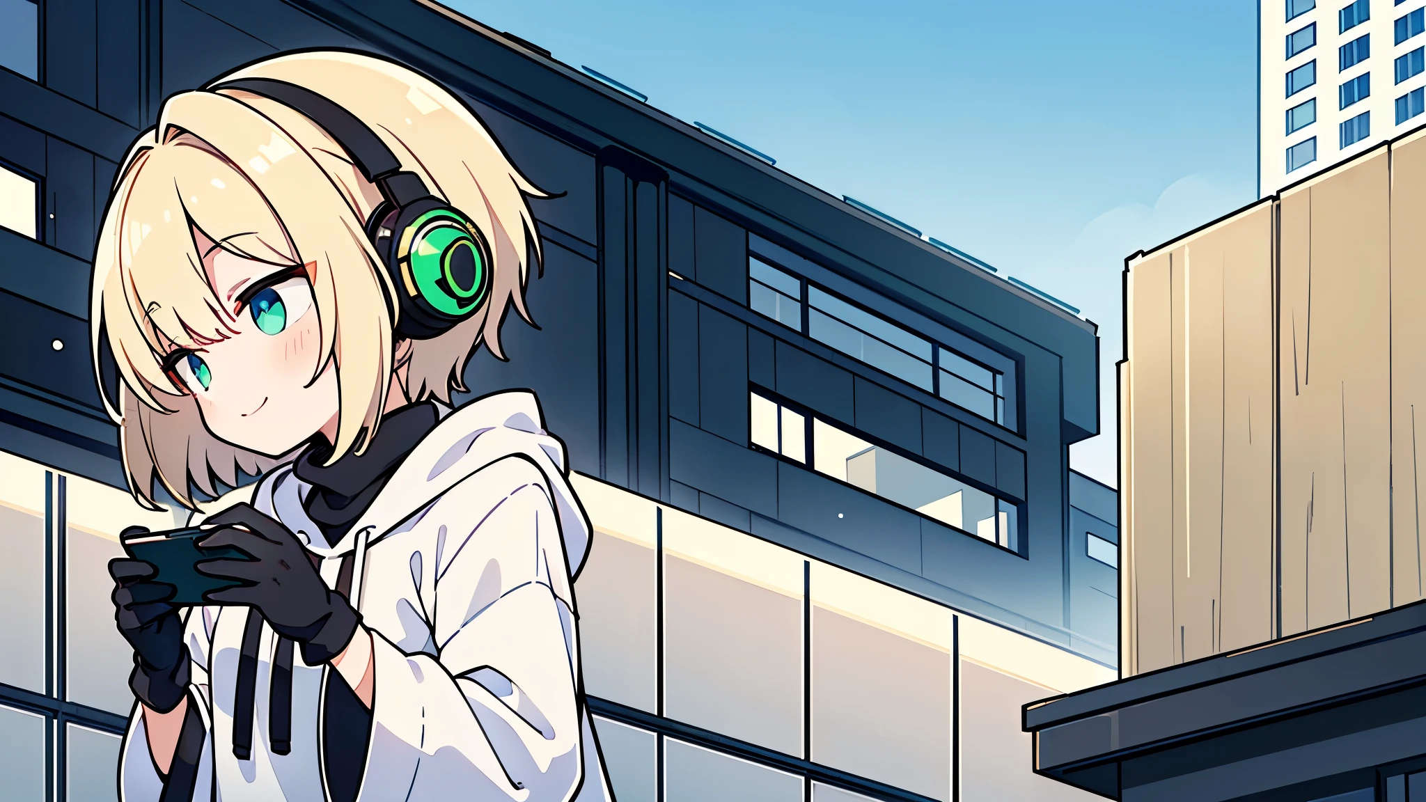 ((highest quality)), ((masterpiece)), (be familiar with), (Looking at a smartphone on the roof of a building)short hair、perfect face,white half-up hair,green mesh blonde、cool black hoodie,headphones,black gloves,turtleneck,alone,İcon、profile、Right beside、Expressionless、smile、Light-colored clothing