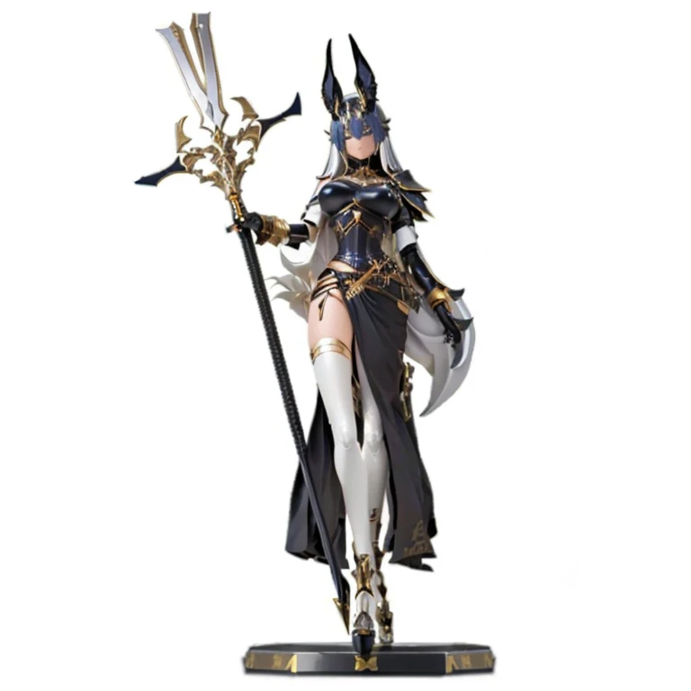 Close-up of a man holding a sword, mystical anubis valkyrie, from Ark of Tomorrow, PVC figurines, Ark of Tomorrow, Anime PVC Doll, pvc movable model, ( Very detailed graphics ), Anime Characters, from Girls Frontline, Pop-up Characters, Dark witch full body pose, Anime Characters, Fine details. Girls Frontline
