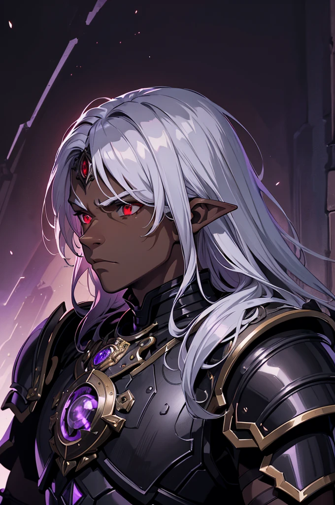 masterpiece, best quality, ultra high res, dark theme, 1boy, (dungeonpunk armor), (mechanical steampunk armor), (wearing armor), fantasy illustration, dark skinned, human, upper body, portrait, red eyes, long white hair, half-drow, pointy ears, serious face, young man, dramatic lighting, purple hue, art by Kinema Citrus
