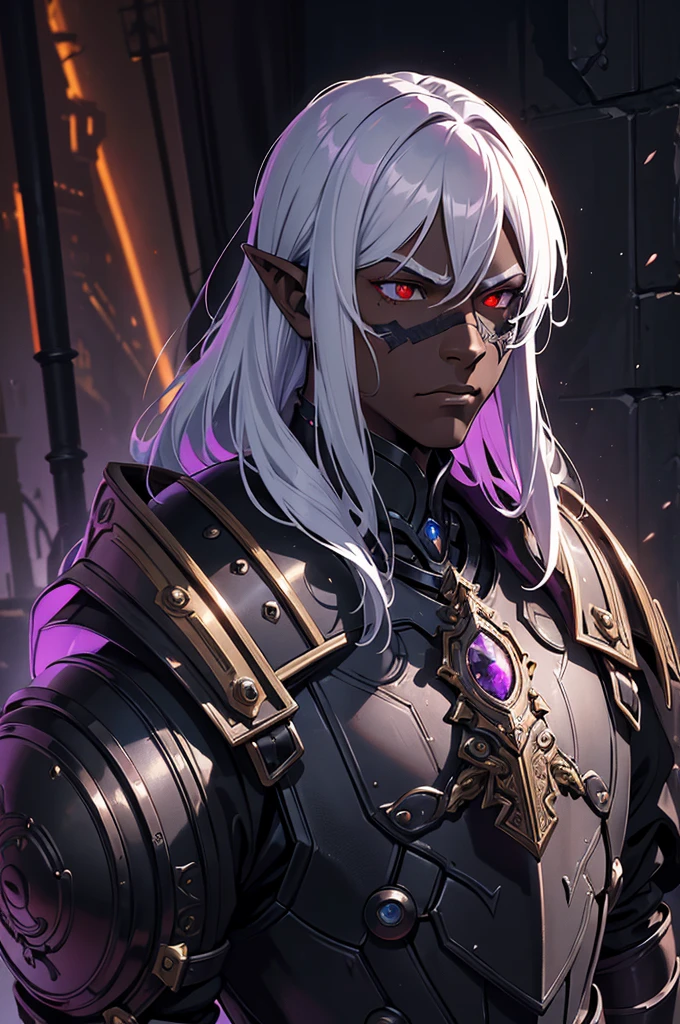 masterpiece, best quality, ultra high res, dark theme, 1boy, (dungeonpunk armor), (mechanical steampunk armor), (wearing armor), fantasy illustration, dark skinned, human, upper body, portrait, red eyes, long white hair, half-drow, pointy ears, serious face, young man, dramatic lighting, purple hue, art by Kinema Citrus