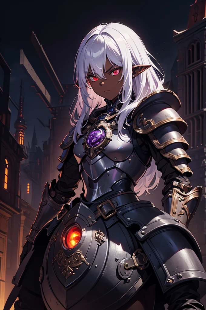 masterpiece, best quality, ultra high res, dark theme, 1boy, (dungeonpunk armor), (mechanical steampunk armor), (wearing armor), fantasy illustration, dark skinned, human, upper body, portrait, red eyes, long white hair, half-drow, pointy ears, serious face, young man, dramatic lighting, purple hue, art by Kinema Citrus