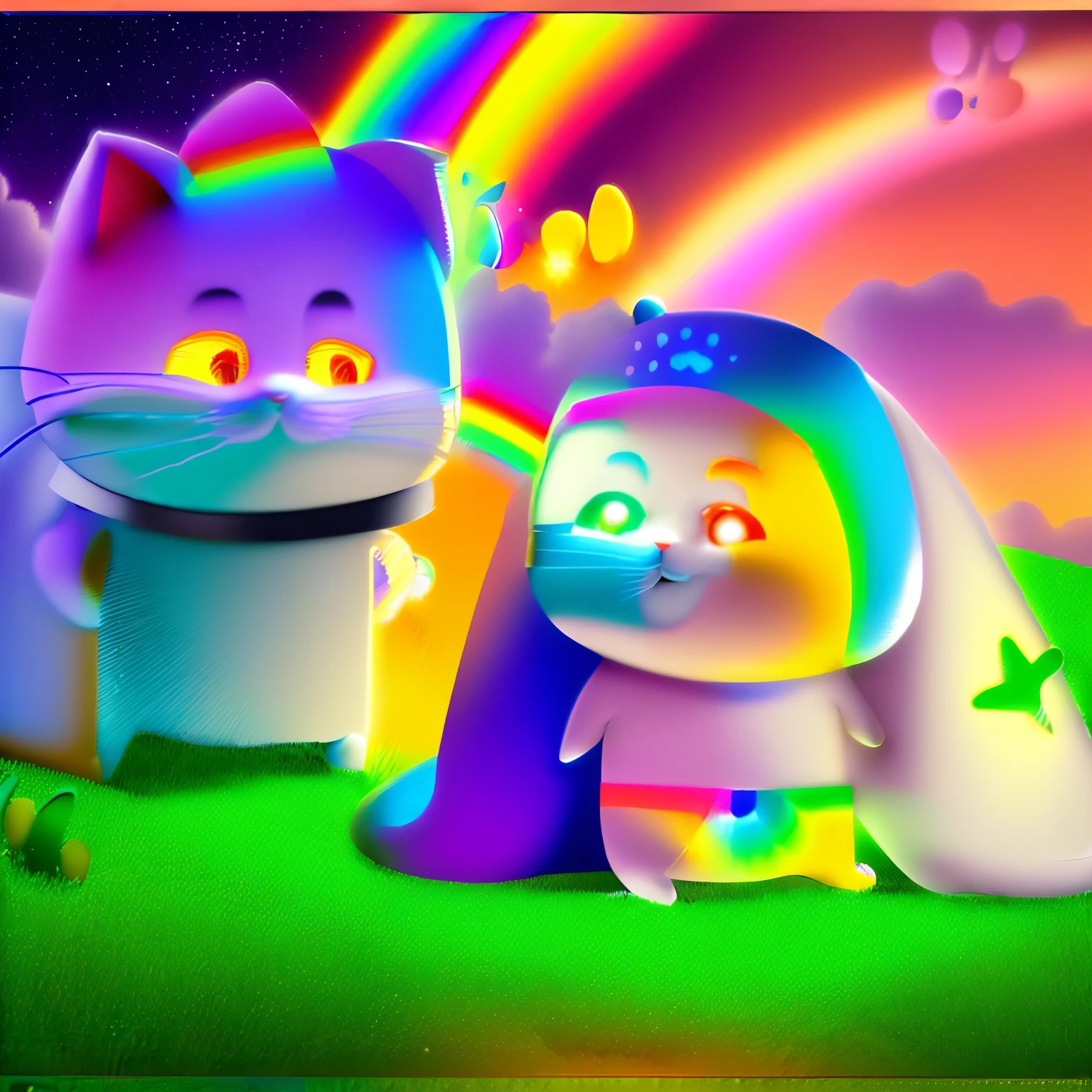 cartoon of a cat and dog standing in a field with a rainbow, Animated, Hand-drawn animation, Animation stills, cartoon still, Hand-drawn animation, Cat summons spaceship, Meow, Animation Static, Animation stills screencap, A panel, Medium shot of two characters, Missing panels, ! Scenes, Comic Panel, Illustration of two cats, cartoon