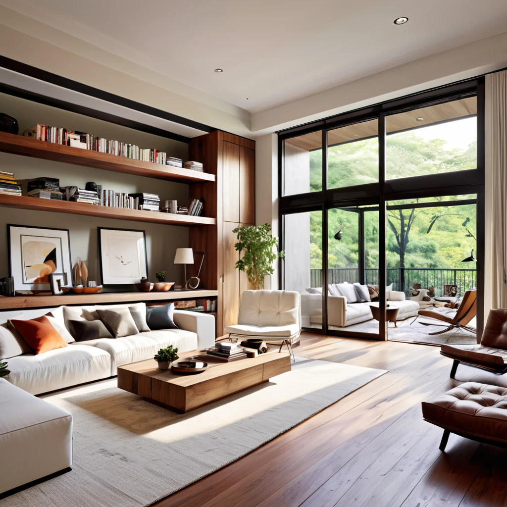 Create a stylish and contemporary loft space with an open floor plan. The living area should feature a large white sectional sofa, a minimalist media center, and a chic rug. The kitchen should have a wooden island with white bar stools and state-of-the-art appliances. On the upper mezzanine, design a bedroom area with a cozy bed, a small reading corner, and sleek built-in wardrobes. Ensure the space is well-lit with large windows that allow plenty of natural light to enter. The design should be modern and sophisticated, with clean lines and a neutral palette