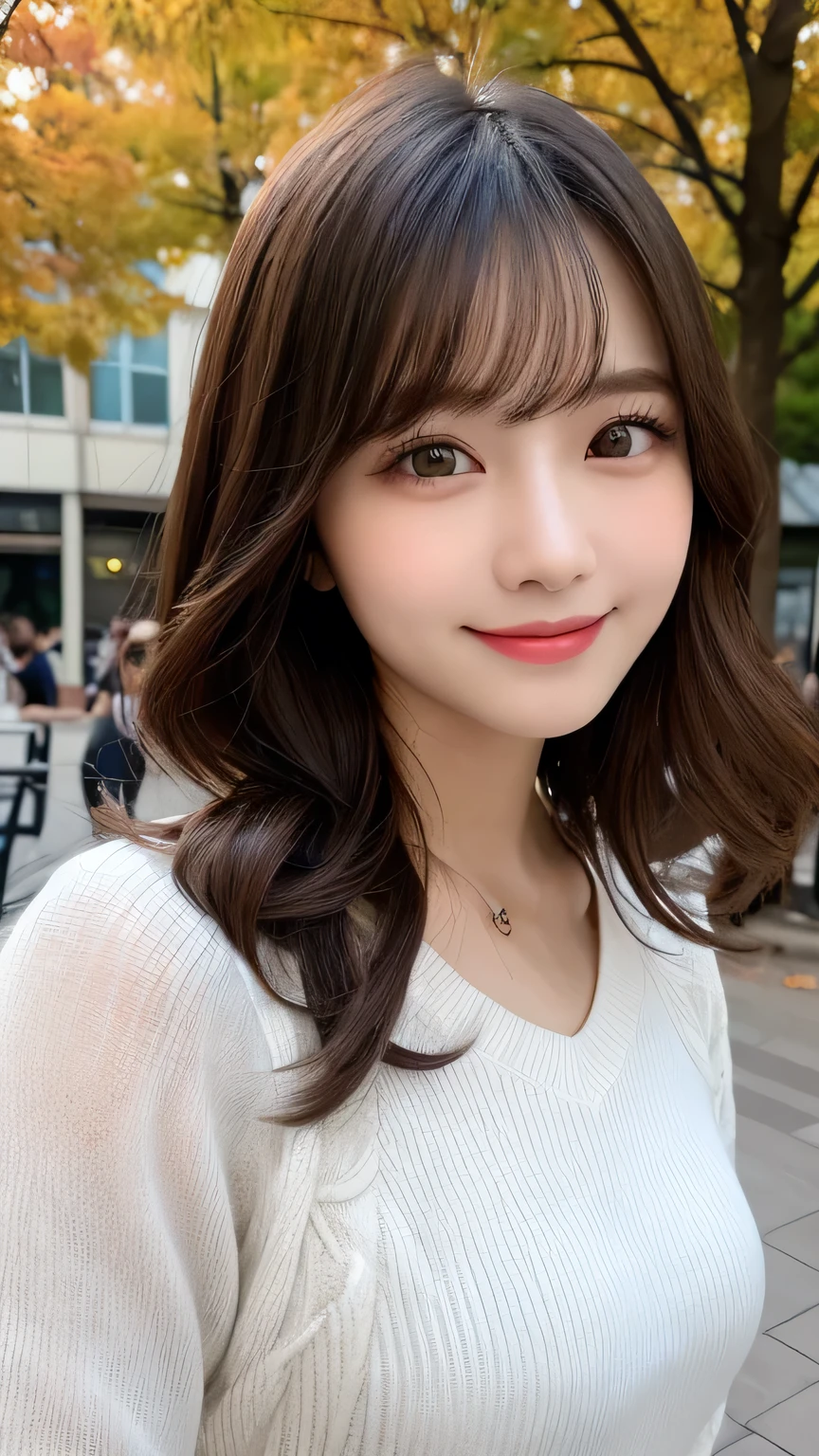 Tabletop, Highest quality, figure, Super detailed, In detail, High resolution, 8k wallpaper, Perfect dynamic composition, Beautiful attention to detail, Autumn fashion for women,Wavy Hair,small 、Natural color lip, Bold sexy pose,smile,Harajuku、20-year-old girl、cute、sexy shot looking at camera