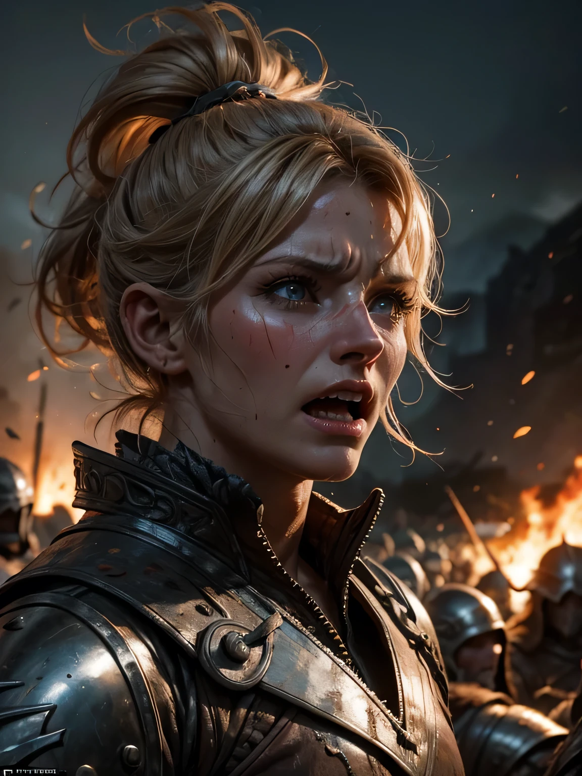 Helen Skelton, Battle of Helm's Deep, close-up action shot looking up from ground level, naked orc warrior, angry, swearing, sweating, damp hair, on a bloody battlefield, explosion, fires