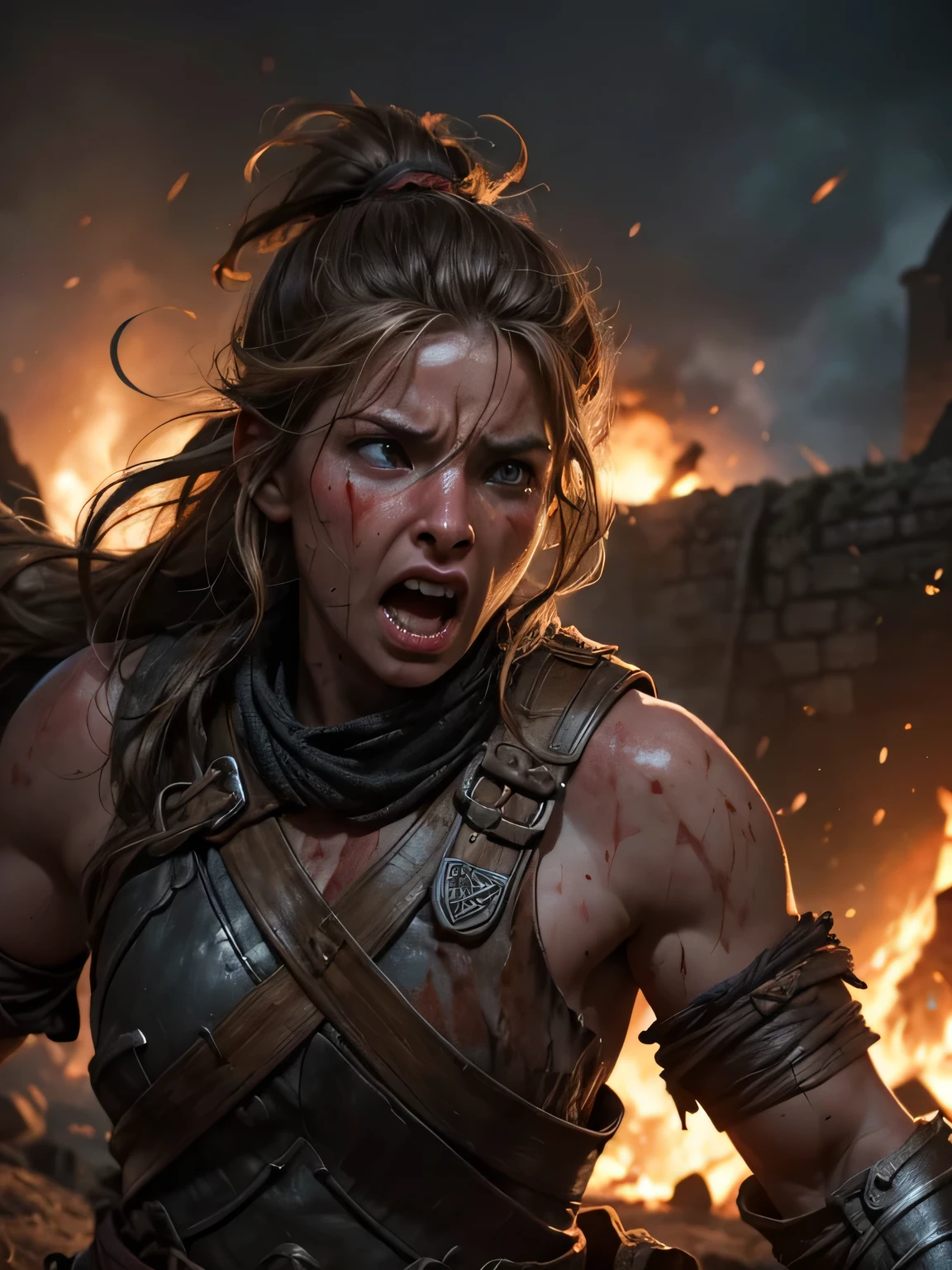 Helen Skelton, Battle of Helm's Deep, close-up action shot from ground level, naked orc warrior, angry, swearing, sweating, damp hair, on a bloody battlefield, explosion, fires