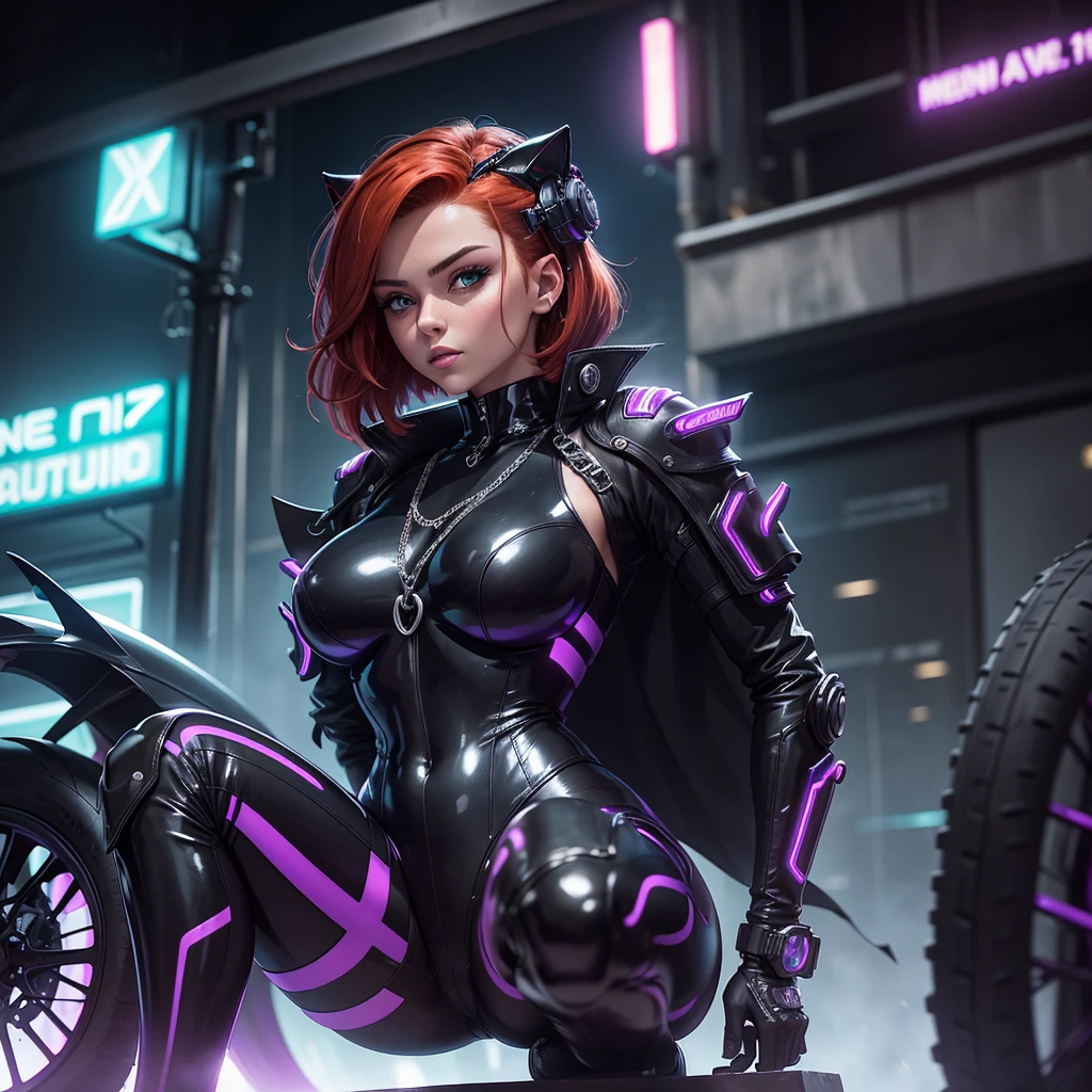The image shows an illustrated character sitting on a motorcycle.. The character has short hair and wears a suit with black-violet colors and yellow neons that surround his prominent bodysuit.... The motorcycle looks big and futuristic., same color palette with elegant lines and luminous elements. The background suggests an urban environment illuminated with neon lights., possibly at night. There are various shapes and patterns reminiscent of digital or cybernetic motifs..., contributing to the overall sci-fi look of the image.. I imagine this girl with a futuristic appearance and full of mystery.. His body is wrapped in a purple and black jumpsuit.., Shiny chains entwine around his arms and legs., as if they were metallic tattoos. The three-strand necklace, with its padlock in the shape of digits, It is their symbol of submission and devotion.. Her red hair falls in waves over her shoulders..., and his green eyes shine with a mixture of passion and obedience. The black dress fits her curves., enhancing her voluptuous figure. Each chain that tightens around her skin is a reminder of her role as a beloved slave.... In the dark garage, the girl prepares for her master. The cyberpunk motorcycle awaits you, Its shiny surface reflects the neon lights of the city. The cat-shaped helmet gives it a mysterious look., and the tail that extends from the back of the seat seems to have a life of its own. She rides the motorcycle with grace., speeding into the night. The wind whistles in his ears as he walks through the dark streets., ready to carry out your master'orders. In this futuristic world, where technology and passion intertwine, she is his slave, your confidant and your lover. The girl with the chains and a cyberpunk motorcycle is an enigma, a mixture of desire and slavery. Their story unfolds under the twinkling lights of the city.., and his figure becomes a legend in the night streets. SIMILAR TO IP:but