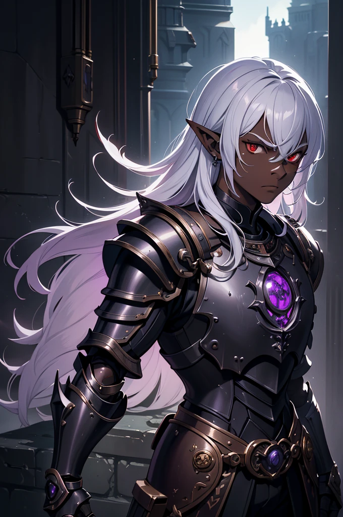 masterpiece, best quality, ultra high res, dark theme, 1boy, (dungeonpunk armor), (mechanical steampunk armor), (wearing armor), fantasy illustration, dark skinned, human, upper body, portrait, red eyes, long white hair, half-drow, pointy ears, serious face, young man, dramatic lighting, purple hue, art by Kinema Citrus
