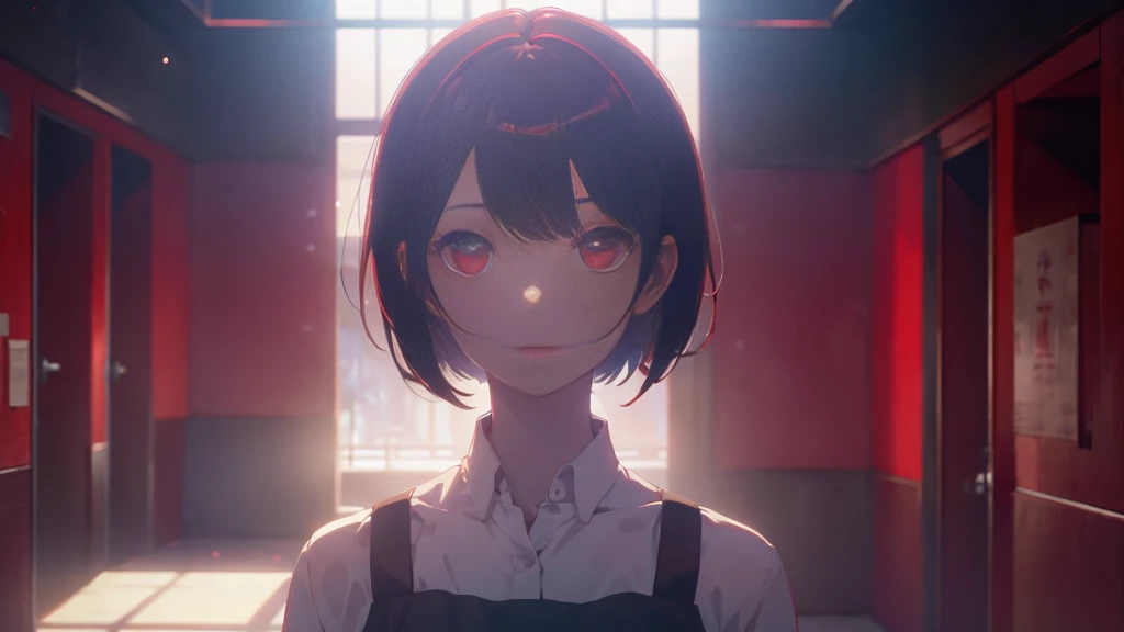 girl with short bob hair,Red eyes ,A shining heaven,Walking in heaven,A distant view