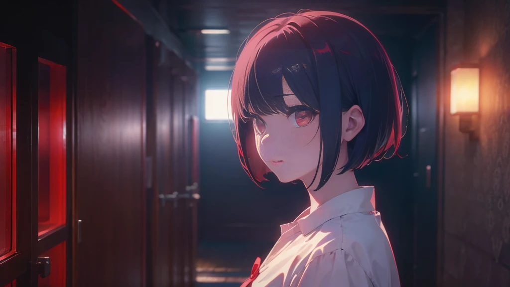 girl with short bob hair,Red eyes ,A shining heaven,Walking in heaven,A distant view