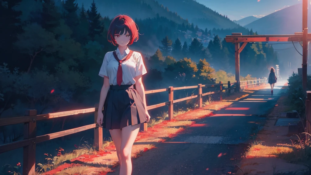 girl with short bob hair,Red eyes ,A shining heaven,Walking in heaven,A distant view