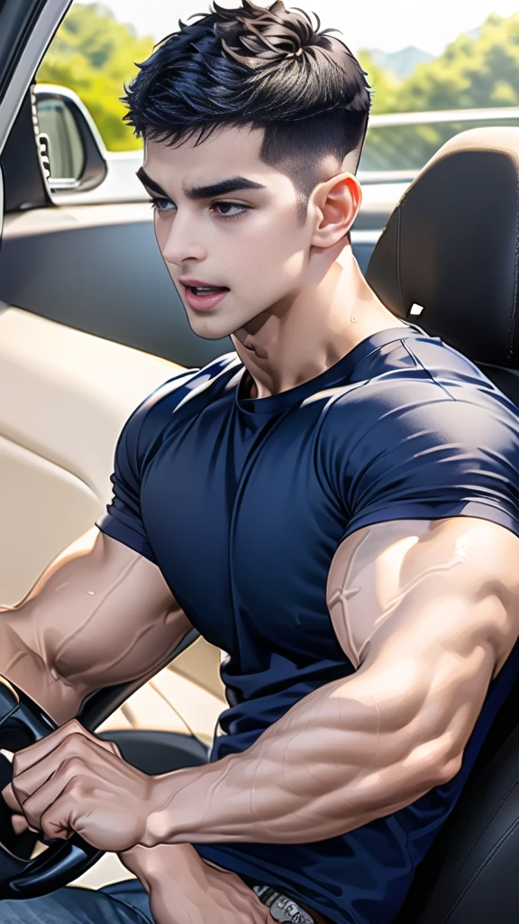 (masterpiece: 1.2), (CGI Art:1.3), (Realistic:1.5), (Post Processing:1.3), (crisp focus:1.3), (1 man : 1.6), 1 man next to the car, (Skinhead Hairstyles'Crew Cut Hairstyle: 1.3 ), Skinheads have haircuts..., Black Hair, Short hair details, smile, (สวมเสื้อเชิ้ตRound neck.., tights, Round neck, Short sleeve shirt, เสื้อเชิ้ตRound neckสีกรมท่า), (เสื้อเชิ้ตRound neckสีกรมท่า: 1.3), Navy Cargo Pants, Young Korean , Korean Men, (High shadow detail), Big muscles, Wide shoulders, Big Arms. looking at the audience, balance eyes, (drive: 1.3), Next to a blue BMW, (The sea), ocean