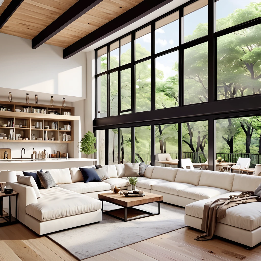 Design an elegant and open loft with a modern aesthetic. The living room should include a spacious white sectional sofa, a minimalist entertainment setup, and a soft rug. The kitchen area should feature a wooden island with white bar stools and contemporary appliances. On the upper mezzanine, create a bedroom with a comfortable bed, a relaxing reading nook, and built-in storage. The loft should be filled with natural light from large windows, emphasizing the bright and airy atmosphere. The design should focus on clean lines, a neutral color scheme, and a sophisticated look