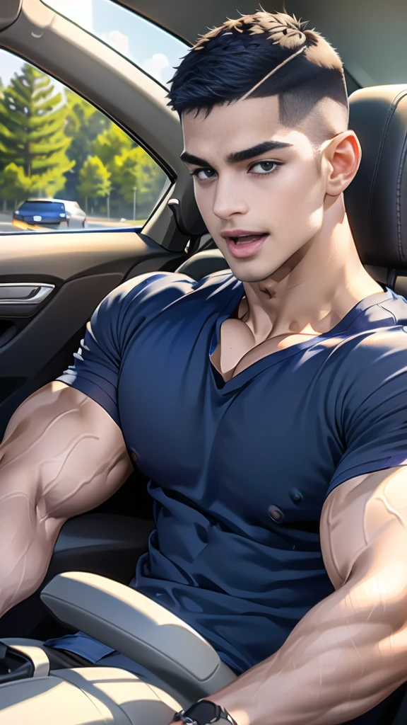 (Create a masterpiece: 1.2),(CGI art:1.3),(realistic:1.5),(After processing:1.3),(Sharp focus:1.3), 1 man holds the steering wheel of a car ,(crew cut short hair:1.8),black eye, smile, (Wear color navy round neck T-shirt with a Police badge: 1.3), Navy blue jeans, Korean guy , korean men, (High gloss details), chest muscles, large arm muscles, blood vessel, Big muscles, Broad shoulders, looking at the audience, Balancing the eyes, middle of the road, (drive a car: 1.5), (in the car: 1.3), , middle of the road, (open mouth:1.2)