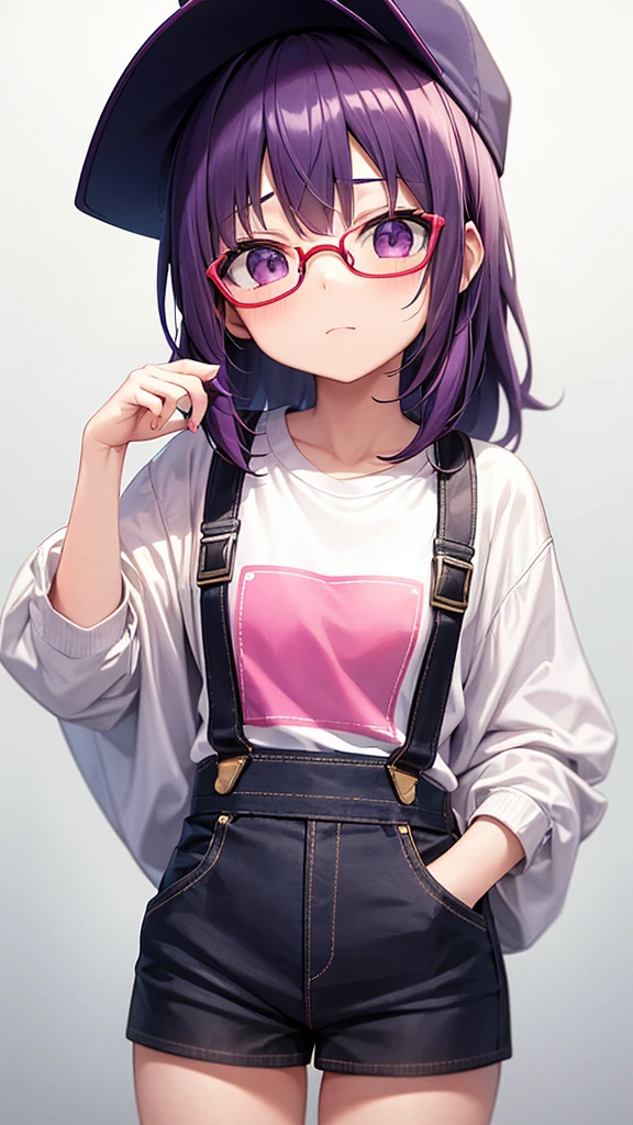 A 10 year old girl wearing glasses、Dye your hair purple、The glasses are thick and black.、Keep your bangs wide open、「ARARE」Wearing a pink cap with "、The feathers on the cap are white and there is one on each side.、Wearing a red T-shirt and overalls、The foldover of the T-shirt is yellow、