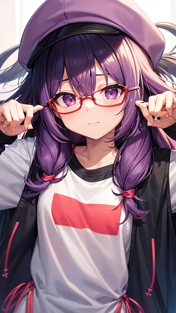 A 10 year old girl wearing glasses、Dye your hair purple、The glasses are thick and black.、Keep your bangs wide open、「ARARE」Wearing a pink cap with "、The feathers on the cap are white and there is one on each side.、Wearing a red T-shirt and overalls、The foldover of the T-shirt is yellow、