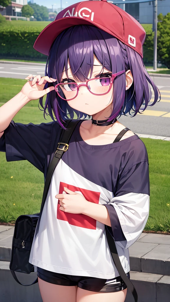 A 10 year old girl wearing glasses、Dye your hair purple、The glasses are thick and black.、Keep your bangs wide open、「ARARE」Wearing a pink cap with "、The feathers on the cap are white and there is one on each side.、Wearing a red T-shirt and overalls、The foldover of the T-shirt is yellow、