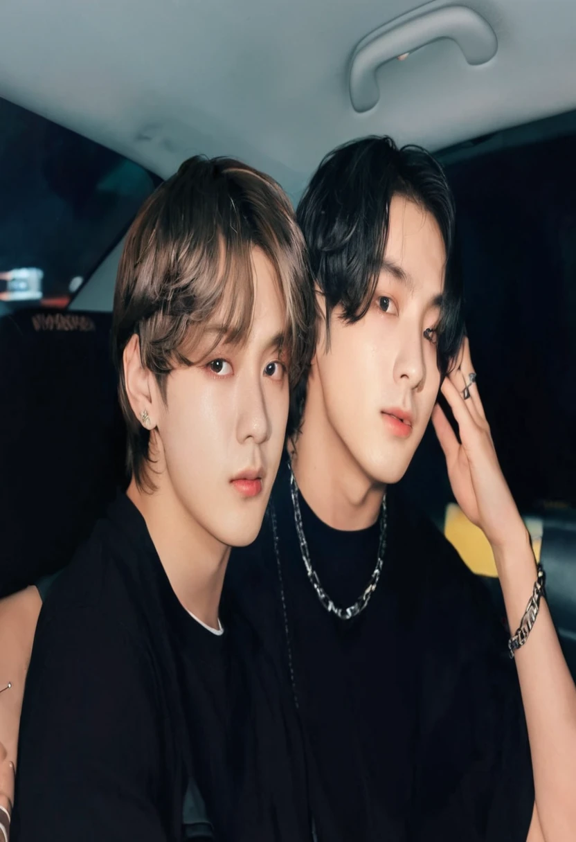 two young men sitting in a car with their hands on their ears, jungkook, they are siblings, bts, official fanart, they are very serious, ✨🕌🌙, they are close to each other, ❤🔥🍄🌪, twins, 🚿🗝📝, holding a 🛡 and an 🪓, with same hairstyle, lv