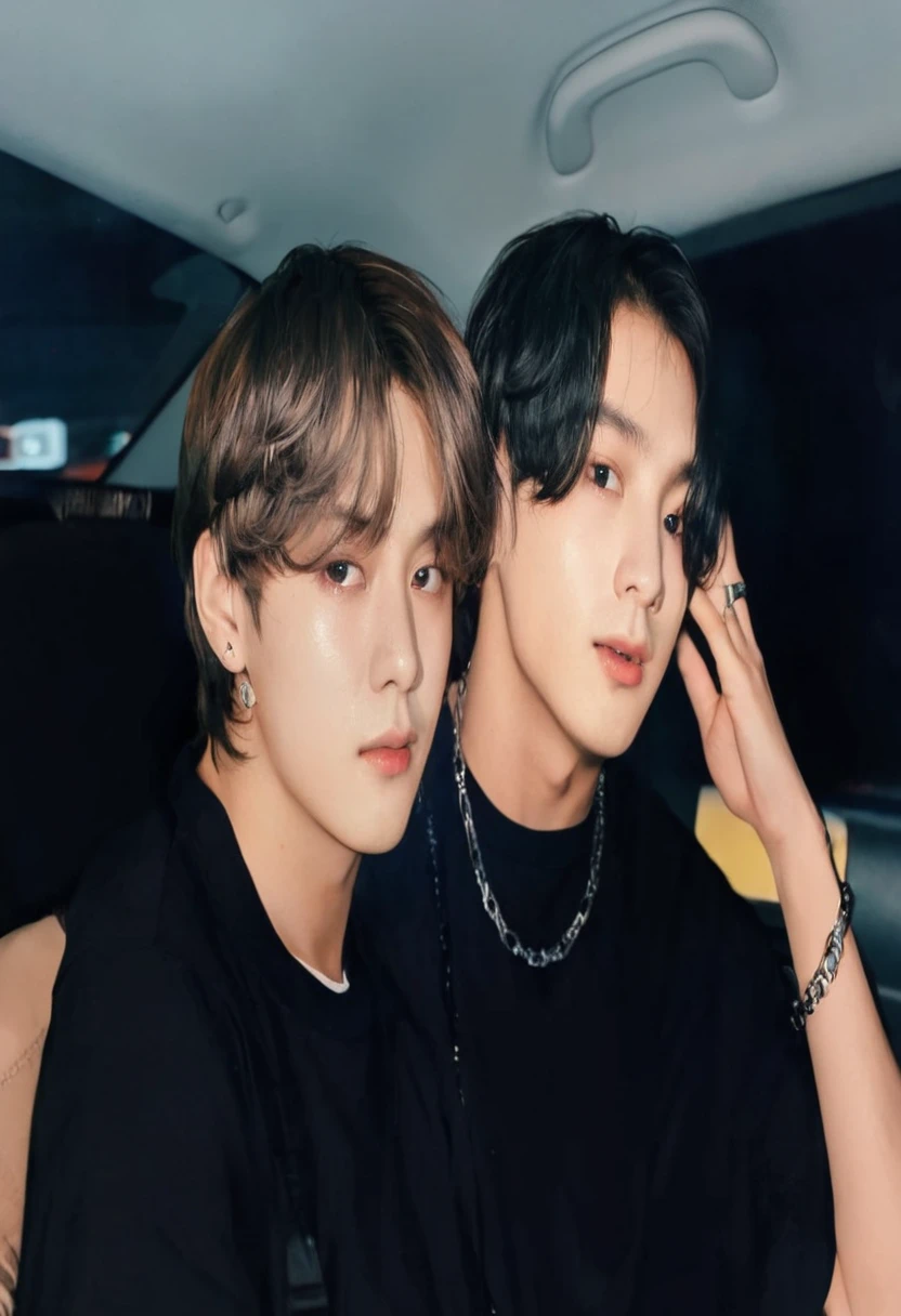 two young men sitting in a car with their hands on their ears, jungkook, they are siblings, bts, official fanart, they are very serious, ✨🕌🌙, they are close to each other, ❤🔥🍄🌪, twins, 🚿🗝📝, holding a 🛡 and an 🪓, with same hairstyle, lv