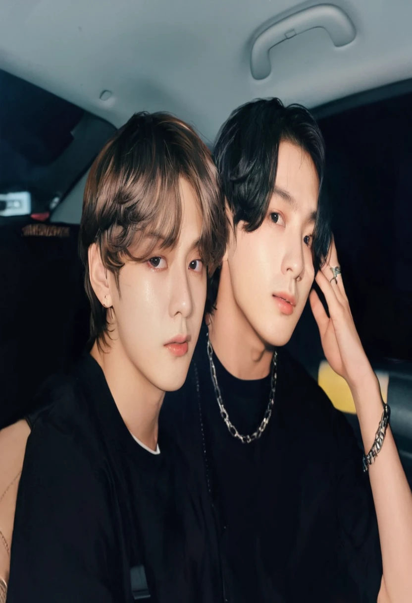 two young men sitting in a car with their hands on their ears, jungkook, they are siblings, bts, official fanart, they are very serious, ✨🕌🌙, they are close to each other, ❤🔥🍄🌪, twins, 🚿🗝📝, holding a 🛡 and an 🪓, with same hairstyle, lv