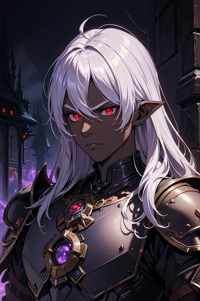 masterpiece, best quality, ultra high res, dark theme, 1boy, (dungeonpunk armor), (mechanical steampunk armor), (wearing armor), fantasy illustration, dark skinned, human, upper body, portrait, red eyes, long white hair, half-drow, pointy ears, serious face, young man, dramatic lighting, purple hue, art by Kinema Citrus