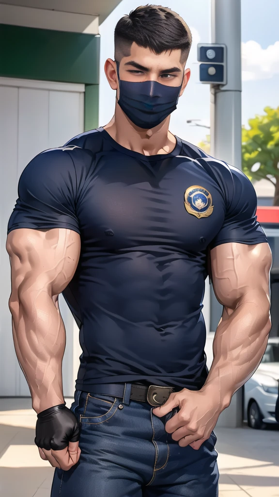 (handsome Man),(crew cut short hair:1.8),black eye,(Wear a fitted round neck t-shirt in navy with a police badge.:1.5),(fit neck),Navy blue jeans,(black_gloves:1.2), Korean guy,chest muscles,large arm muscles,blood vessel,Big muscles,Broad shoulders, (open mouth:1.2),(face up:1.2),(open eyes:1.5), middle of the road,smile,(backpack:1.3), In front of the bread shop ,(Cotton Mask:1.3