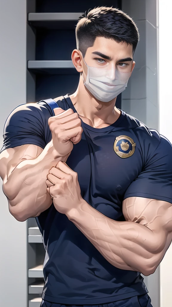 (handsome Man),(crew cut short hair:1.8),black eye,(Wear a fitted round neck t-shirt in navy with a police badge.:1.5),(fit neck),Navy blue jeans,(black_gloves:1.2), Korean guy,chest muscles,large arm muscles,blood vessel,Big muscles,Broad shoulders, (open mouth:1.2),(face up:1.2),(open eyes:1.5), middle of the road,smile,(backpack:1.3), In front of the bread shop ,(Cotton Mask:1.3