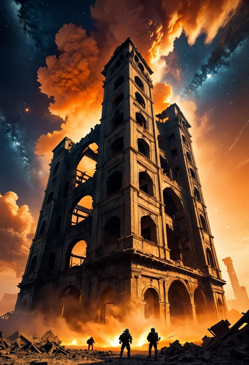 Ruined city, battlefield, ruins, Smoke, Damaged Giant, Orange sky, dust, radiation, Starry Sky, From below, Wide-angle lens, light, Vague, Ultra wide angle, best quality, 8K